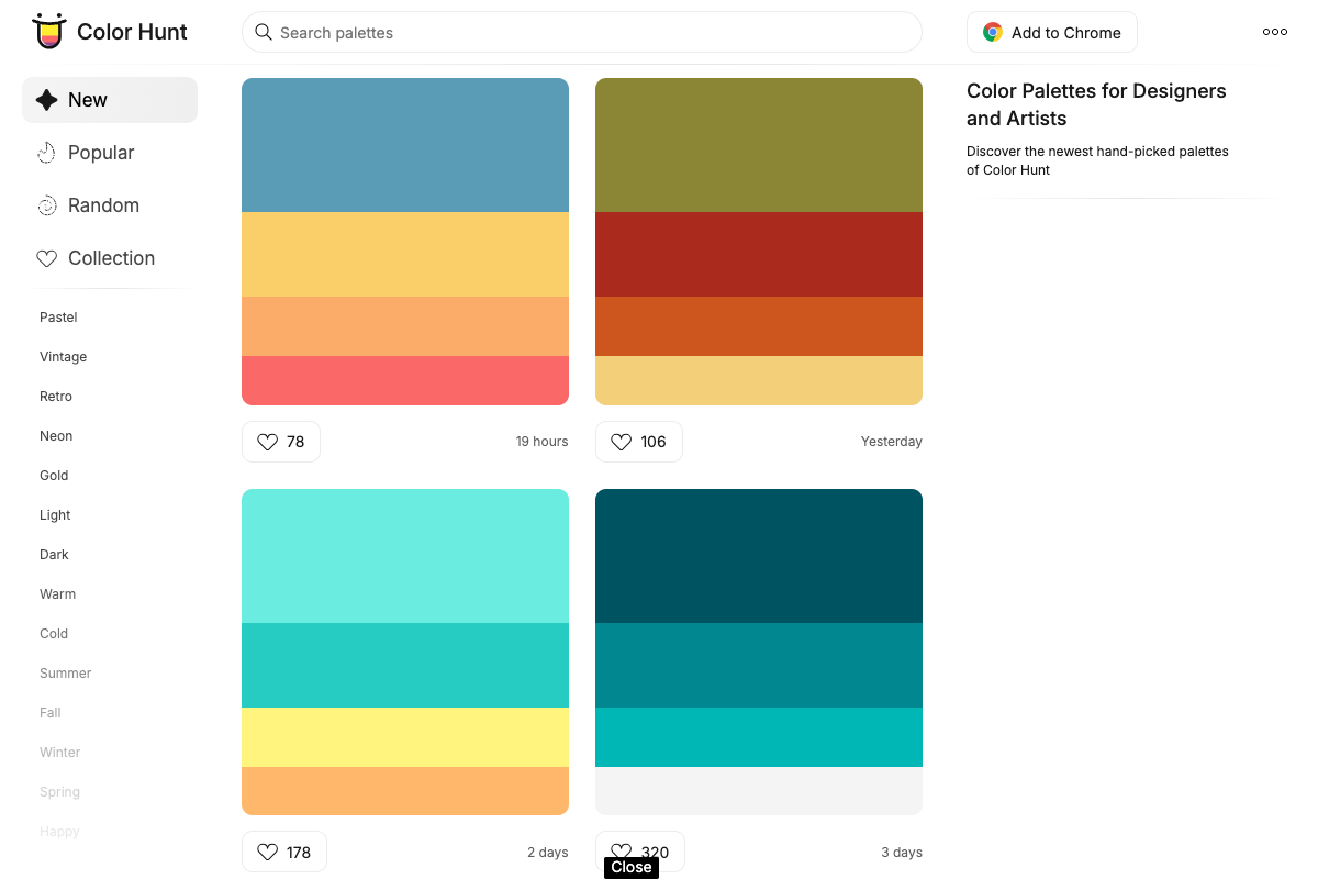 Color Hunt palette collection interface