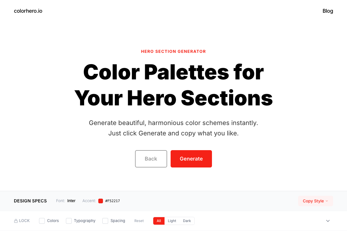 Colorhero palette generator interface